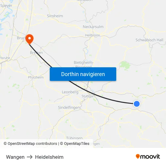 Wangen to Heidelsheim map