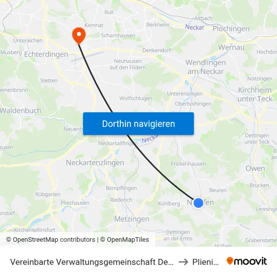 Vereinbarte Verwaltungsgemeinschaft Der Stadt Neuffen to Plieningen map