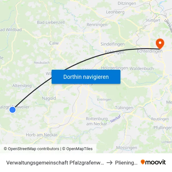 Verwaltungsgemeinschaft Pfalzgrafenweiler to Plieningen map