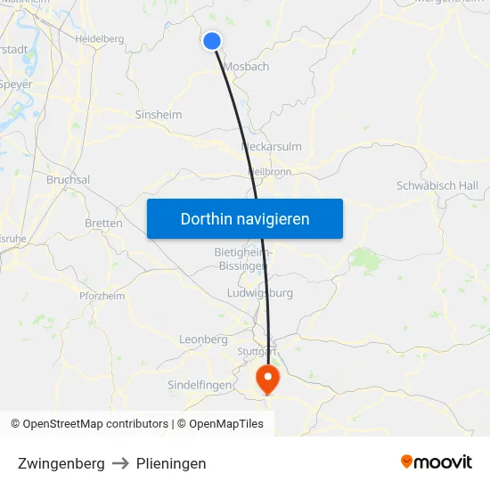 Zwingenberg to Plieningen map
