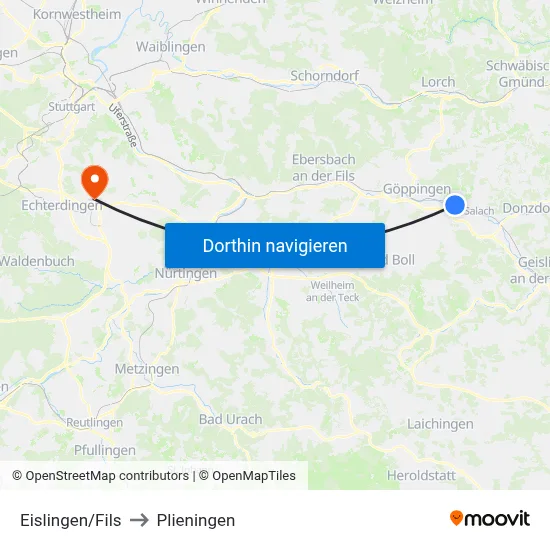 Eislingen/Fils to Plieningen map
