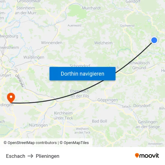 Eschach to Plieningen map