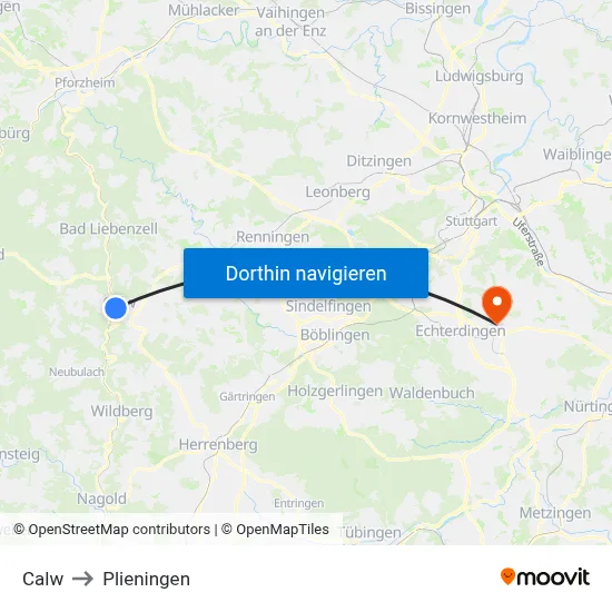 Calw to Plieningen map
