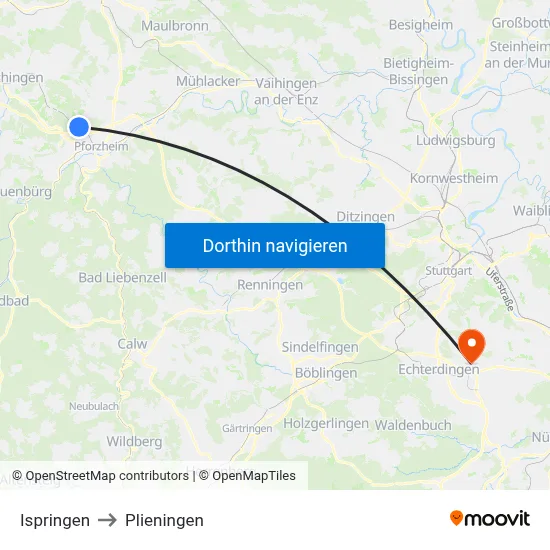 Ispringen to Plieningen map
