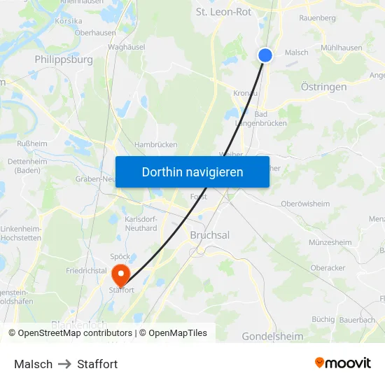 Malsch to Staffort map