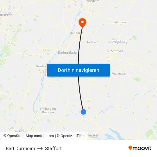Bad Dürrheim to Staffort map