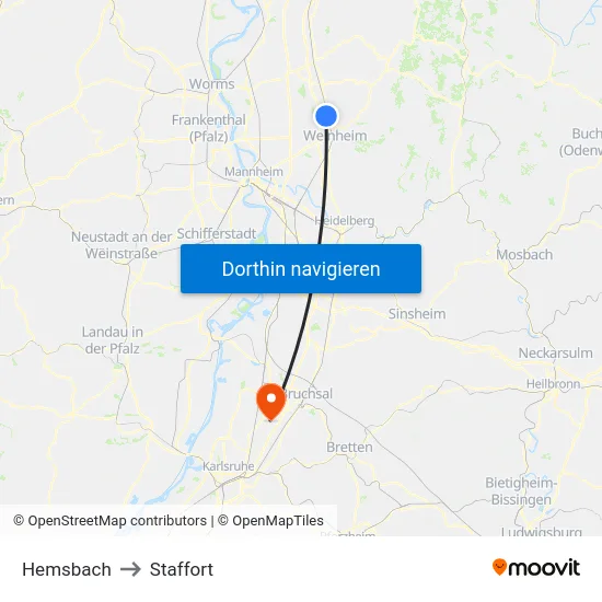 Hemsbach to Staffort map