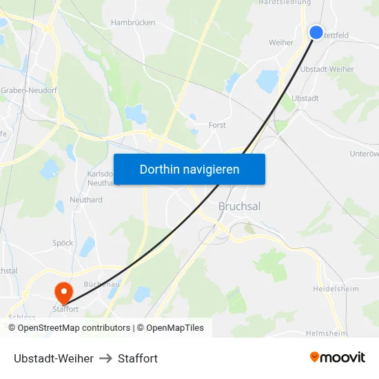 Ubstadt-Weiher to Staffort map