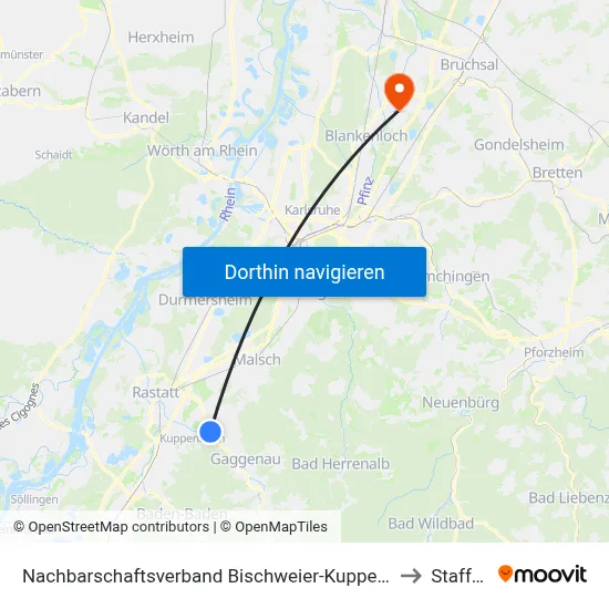 Nachbarschaftsverband Bischweier-Kuppenheim to Staffort map
