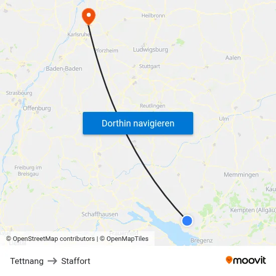 Tettnang to Staffort map