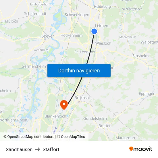 Sandhausen to Staffort map