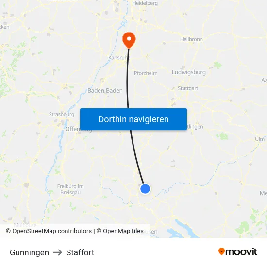 Gunningen to Staffort map