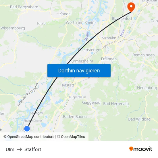 Ulm to Staffort map
