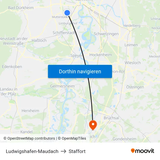 Ludwigshafen-Maudach to Staffort map