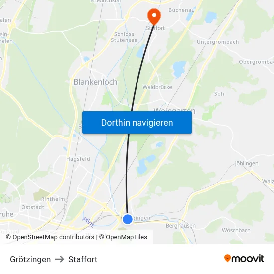 Grötzingen to Staffort map