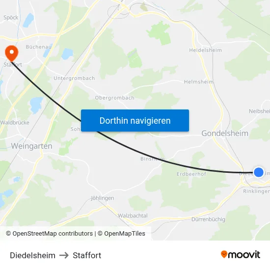 Diedelsheim to Staffort map