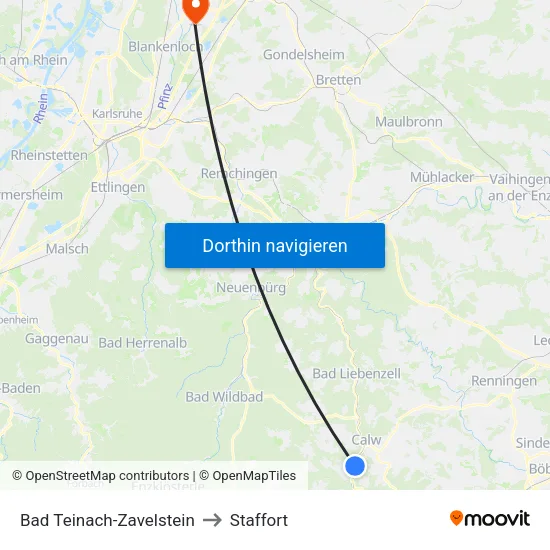 Bad Teinach-Zavelstein to Staffort map