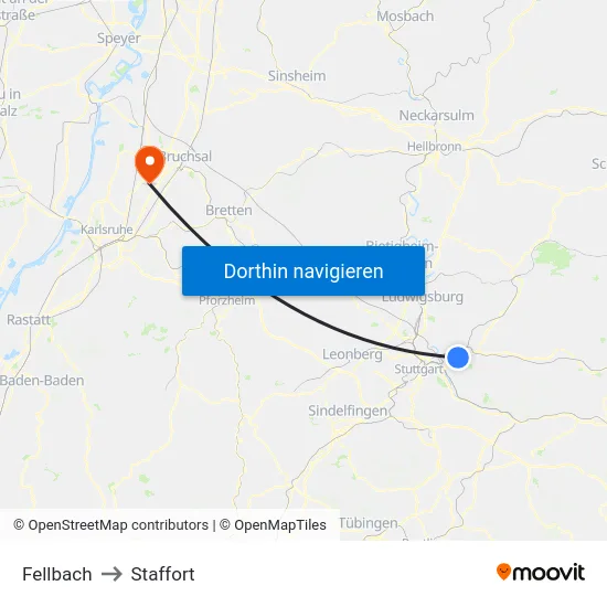 Fellbach to Staffort map