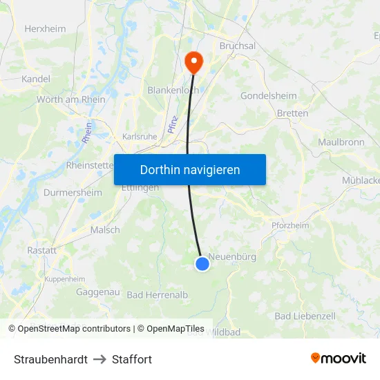 Straubenhardt to Staffort map