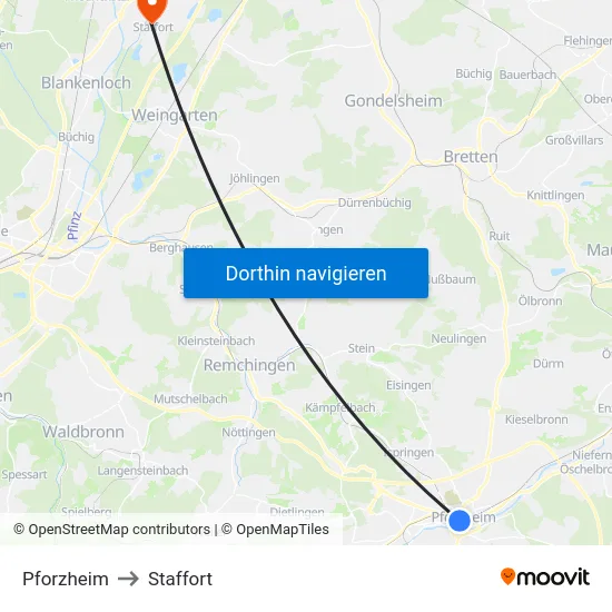 Pforzheim to Staffort map