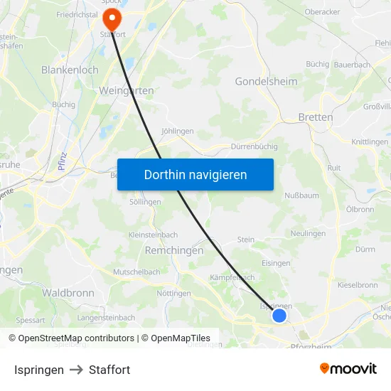 Ispringen to Staffort map