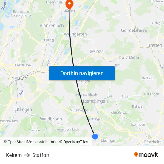 Keltern to Staffort map