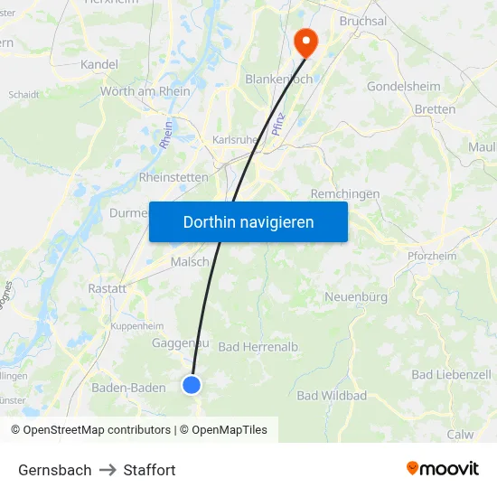 Gernsbach to Staffort map
