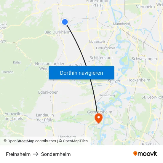 Freinsheim to Sondernheim map