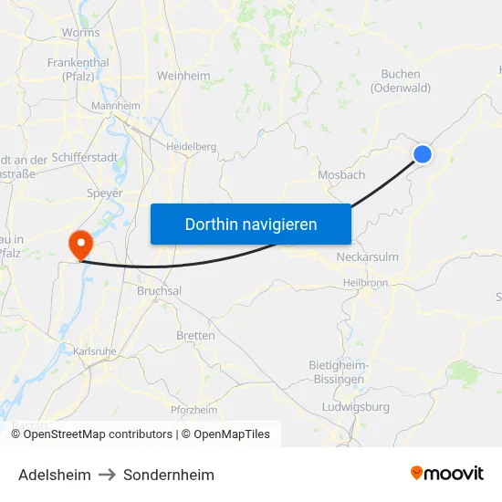 Adelsheim to Sondernheim map