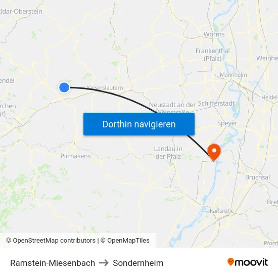 Ramstein-Miesenbach to Sondernheim map