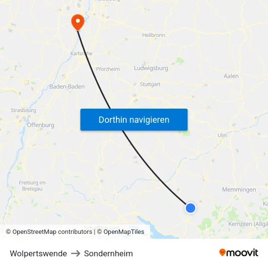 Wolpertswende to Sondernheim map