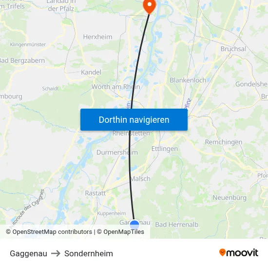Gaggenau to Sondernheim map