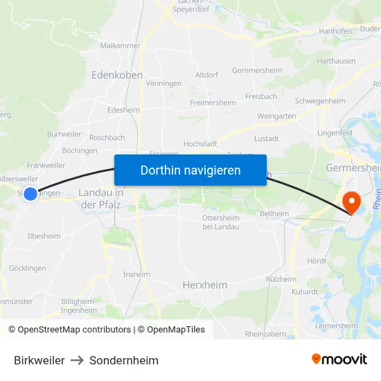 Birkweiler to Sondernheim map