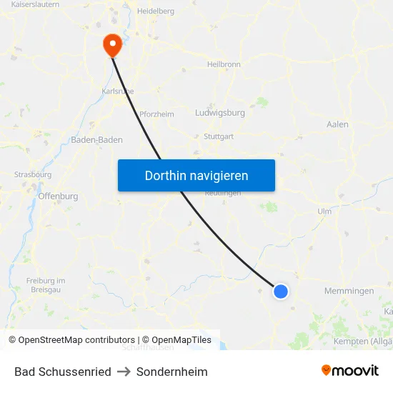 Bad Schussenried to Sondernheim map