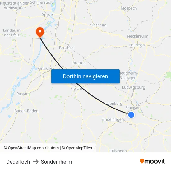 Degerloch to Sondernheim map
