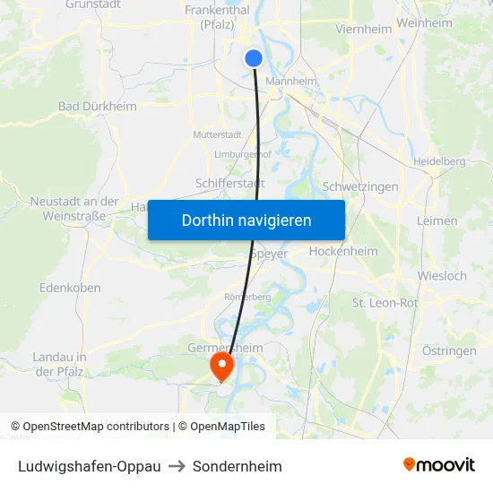 Ludwigshafen-Oppau to Sondernheim map