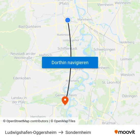 Ludwigshafen-Oggersheim to Sondernheim map