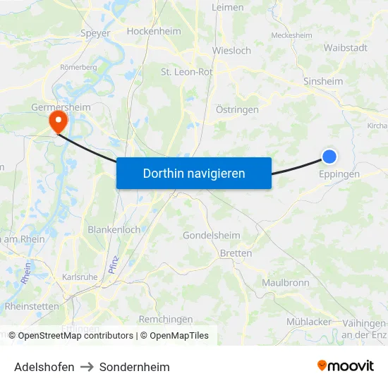 Adelshofen to Sondernheim map
