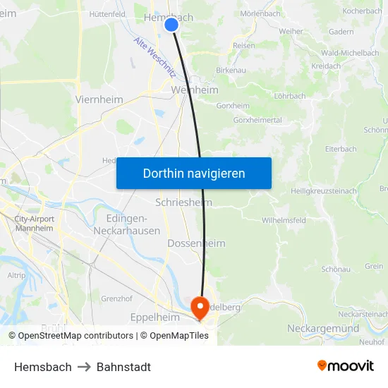 Hemsbach to Bahnstadt map