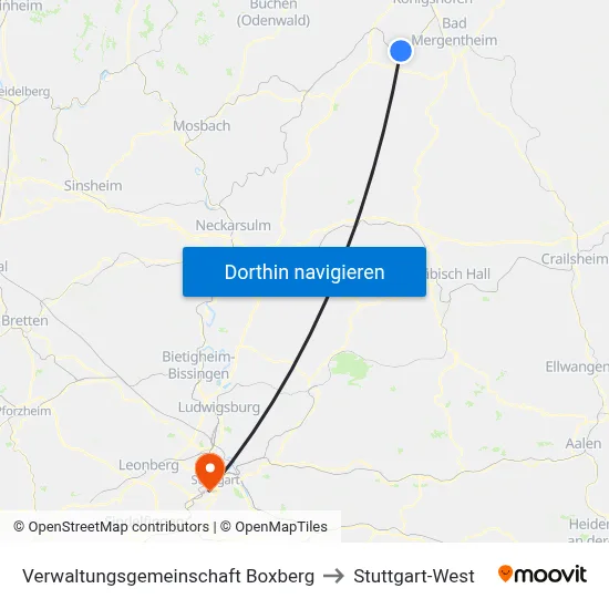 Verwaltungsgemeinschaft Boxberg to Stuttgart-West map