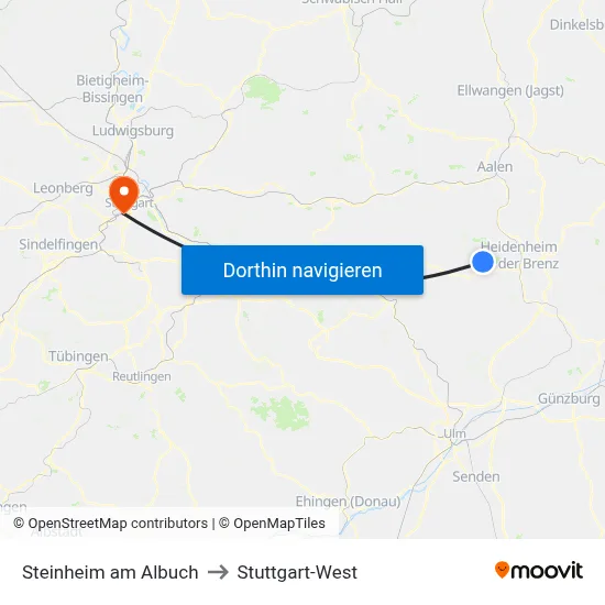 Steinheim am Albuch to Stuttgart-West map