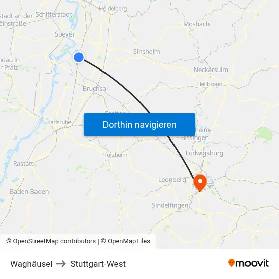 Waghäusel to Stuttgart-West map