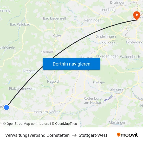 Verwaltungsverband Dornstetten to Stuttgart-West map