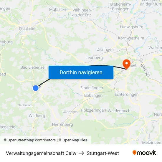 Verwaltungsgemeinschaft Calw to Stuttgart-West map