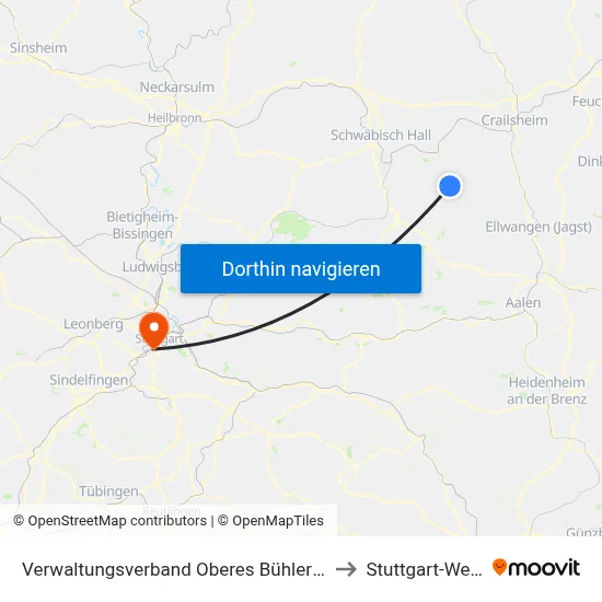 Verwaltungsverband Oberes Bühlertal to Stuttgart-West map