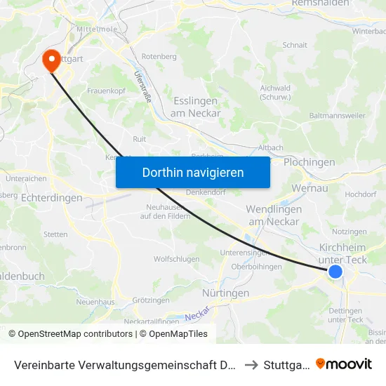 Vereinbarte Verwaltungsgemeinschaft Der Stadt Kirchheim Unter Teck to Stuttgart-West map