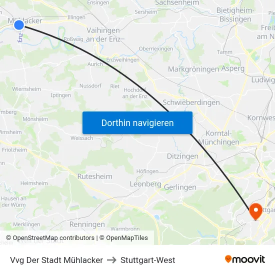 Vvg Der Stadt Mühlacker to Stuttgart-West map