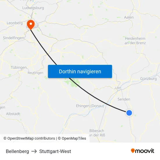 Bellenberg to Stuttgart-West map