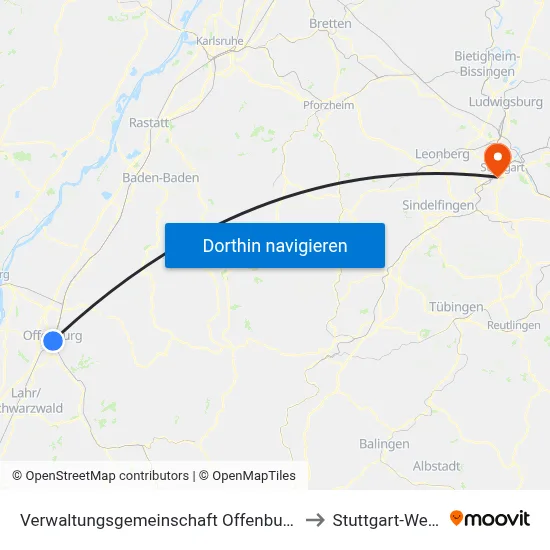 Verwaltungsgemeinschaft Offenburg to Stuttgart-West map