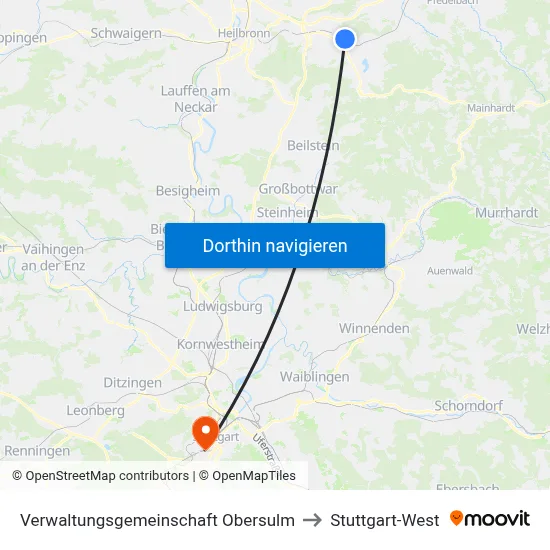 Verwaltungsgemeinschaft Obersulm to Stuttgart-West map